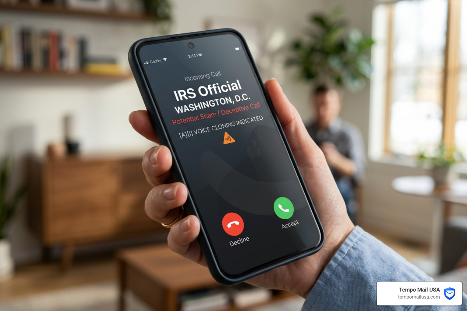 Smartphone displaying a fake IRS robocall with AI voice cloning technology - IRS tax scam 2026 Smartphone displaying a fake IRS robocall with AI voice cloning technology - IRS tax scam 2026