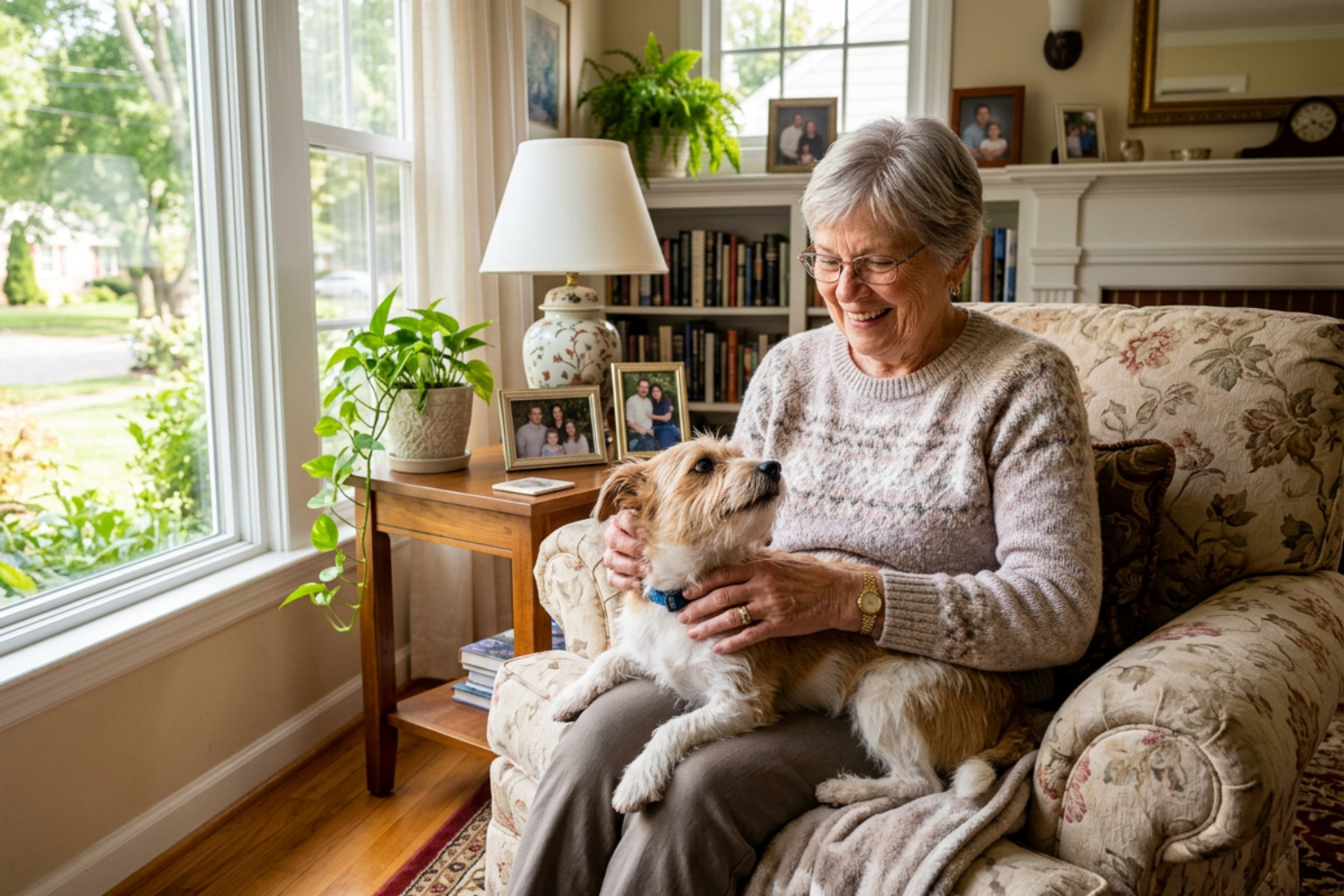 Senior sitting in a sunlit living room happily petting a small dog - in home non medical senior care