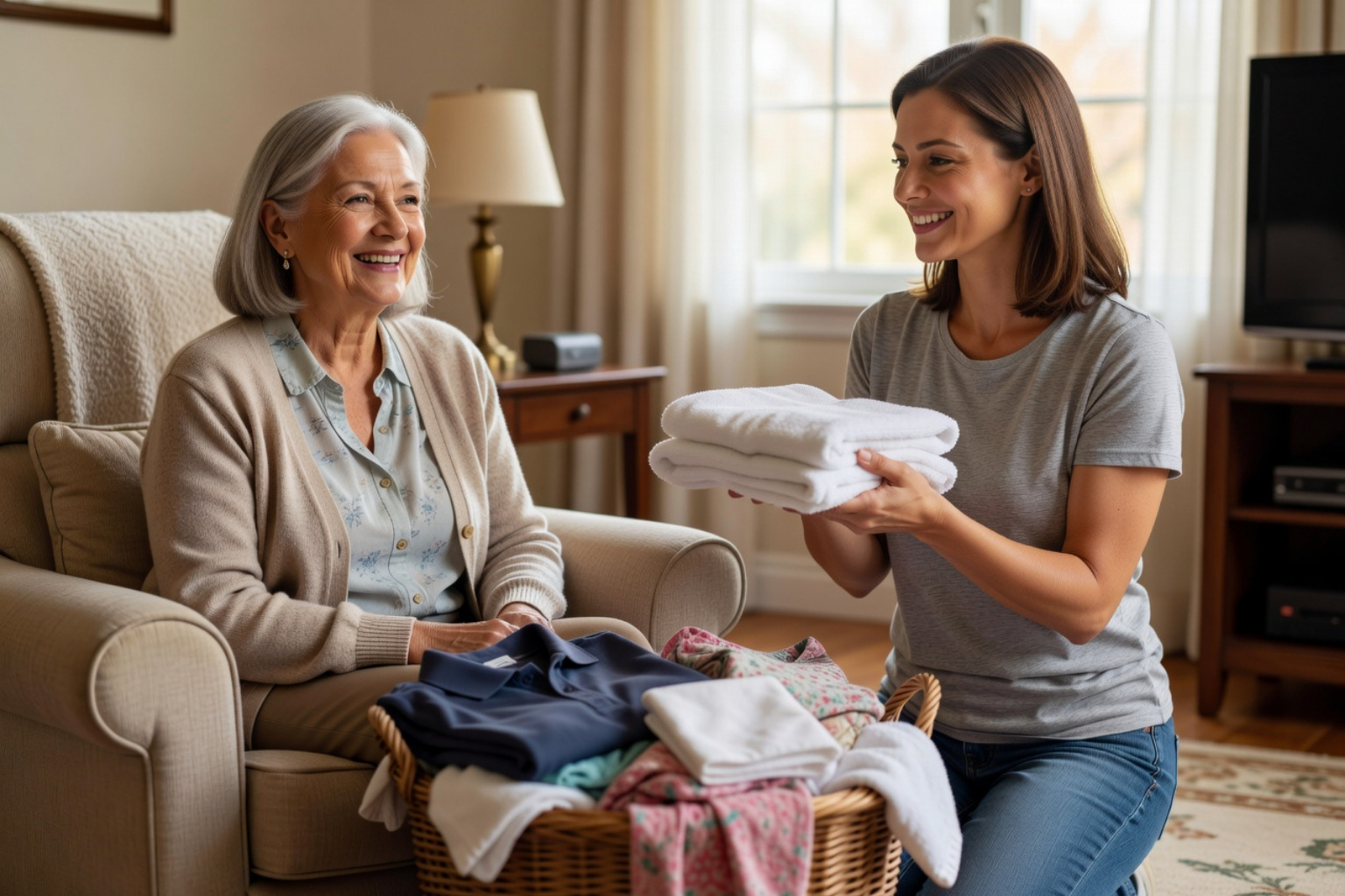 Caregiver and senior sitting together on a sofa, looking through a family photo album and smiling - in home non medical