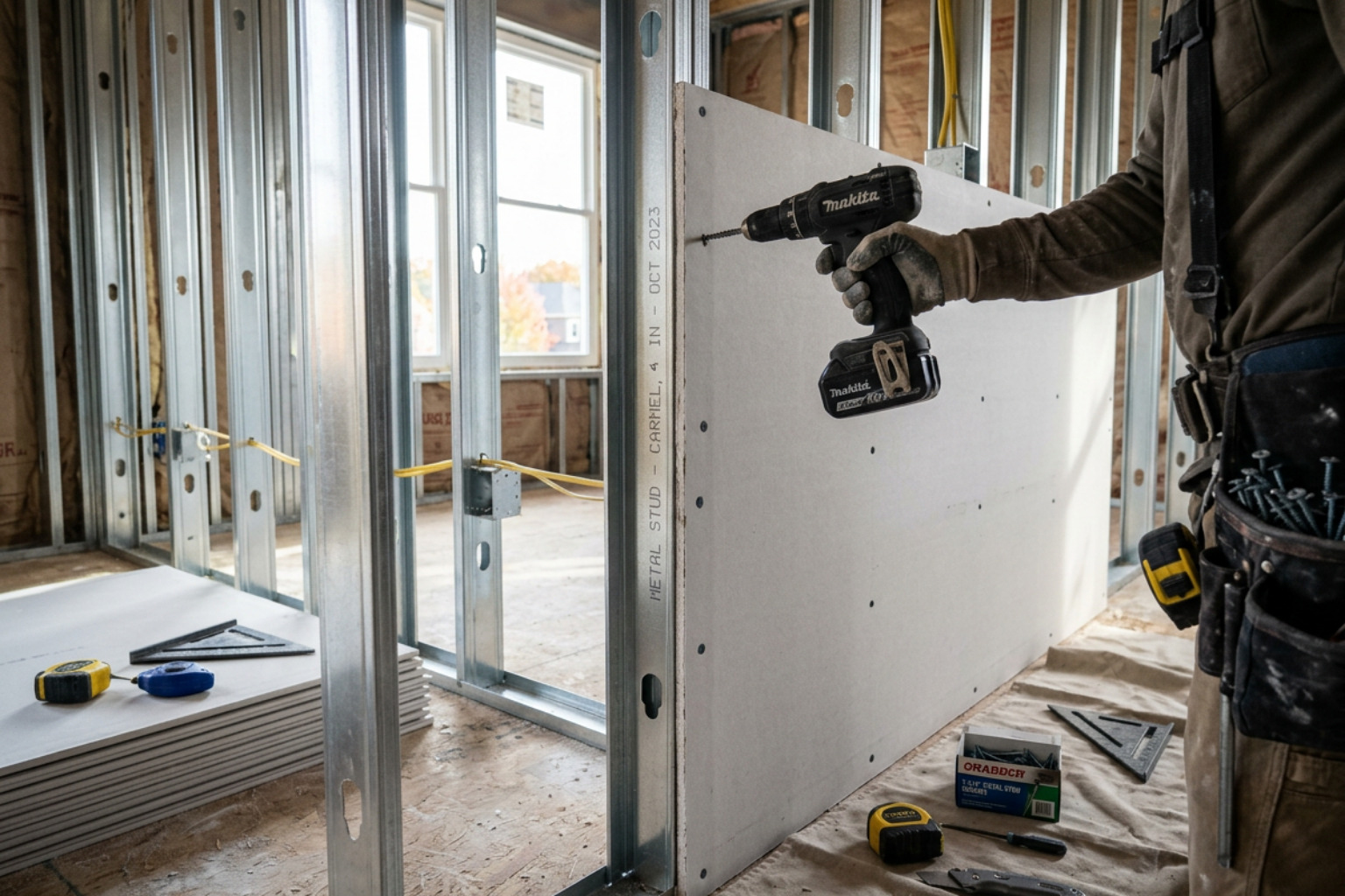 Metal stud framing and initial drywall hanging for Carmel new construction drywall