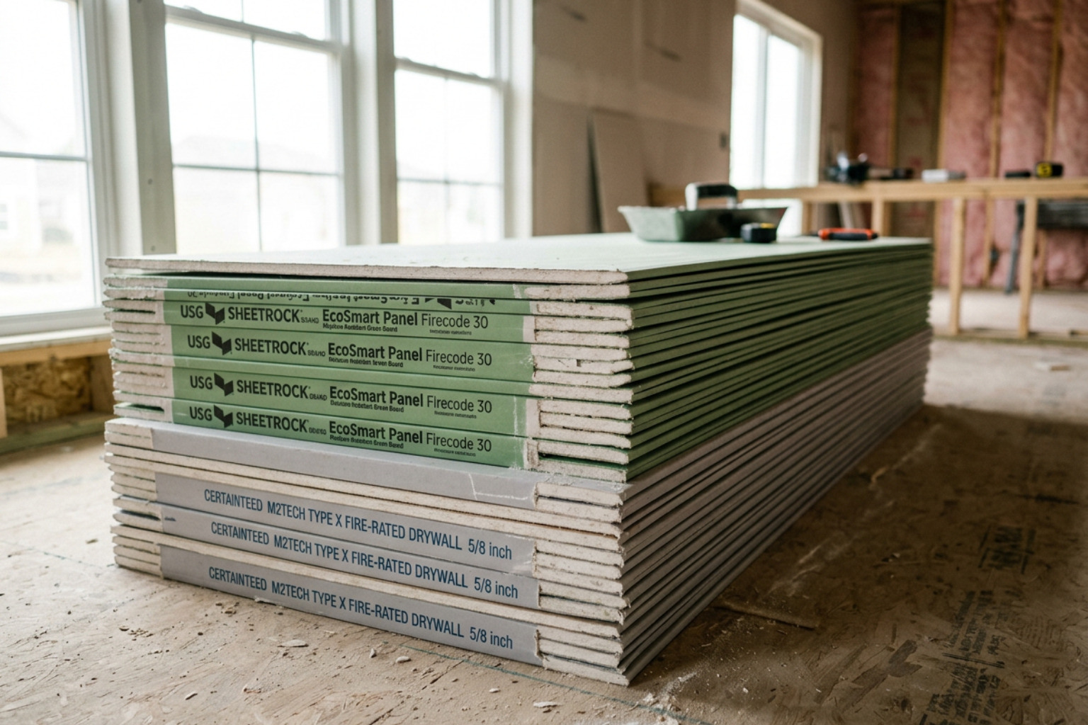 Moisture-resistant drywall panels and Type X fire-rated boards for Carmel new construction drywall