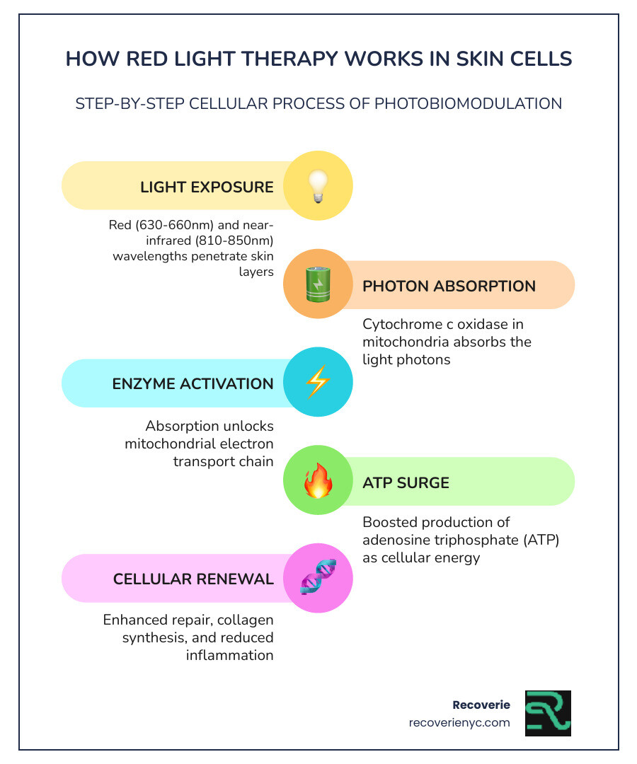 Infographic showing how red light wavelengths penetrate skin layers and stimulate mitochondria for collagen and ATP