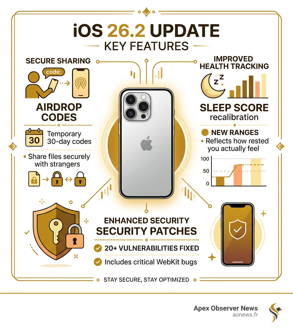 Infographic summarizing iOS 26.2 update features including AirDrop codes, Sleep Score ranges, and security patches - ios