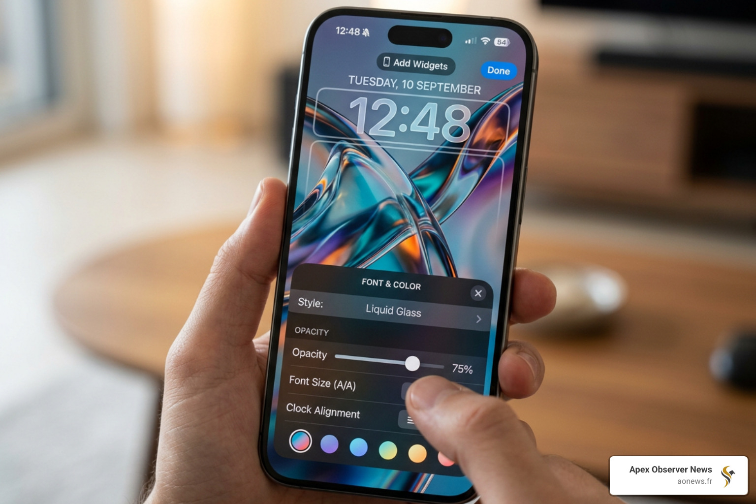 iPhone Lock Screen showing the new Liquid Glass opacity slider for the clock - ios 26.2 update features