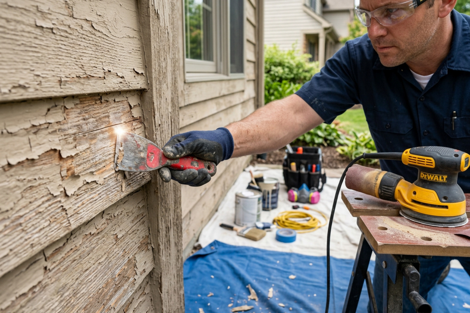 detailed surface preparation on a Carmel residential home showing scraping and sanding - durable exterior house paint