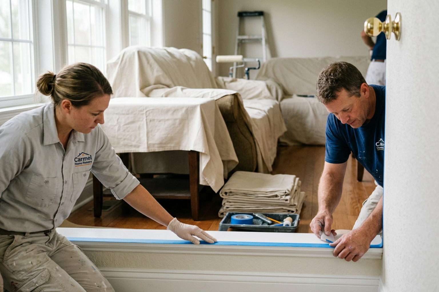 Professional painters in Carmel Indiana meticulously taping off baseboards and covering furniture with clean drop cloths