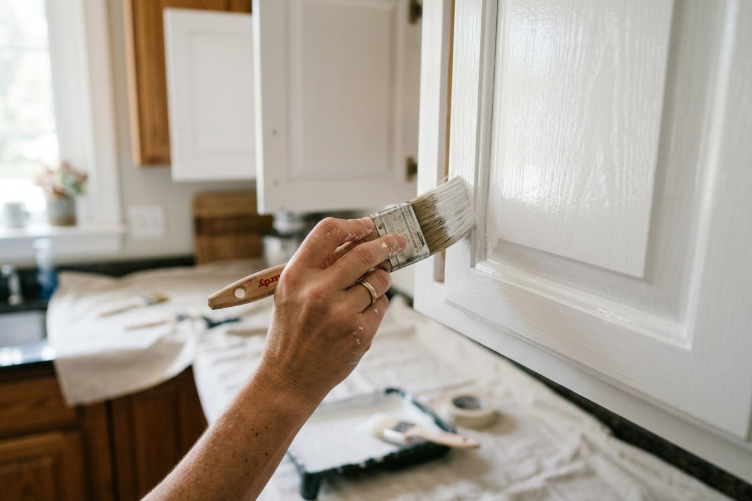 Close up of a hand expertly painting kitchen cabinets in a Carmel Indiana home with a smooth professional finish - Interior
