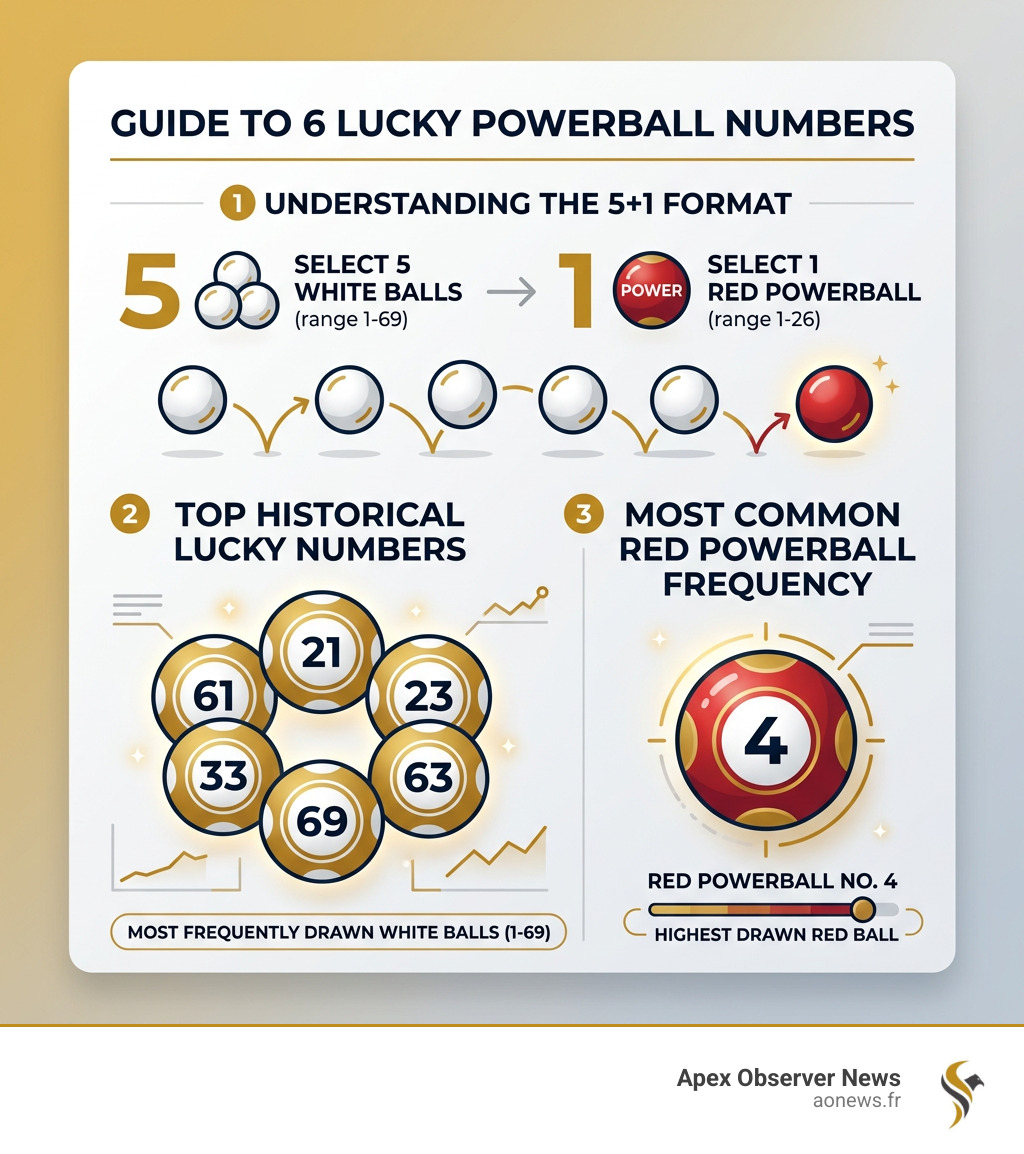 Infographic showing the 5+1 Powerball draw format with top lucky numbers and red Powerball frequency - 6 lucky numbers for