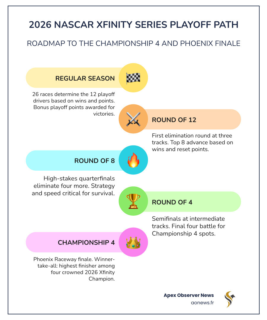 2026 NASCAR Xfinity Series playoff path infographic showing Championship 4 contenders and results - 2026 xfinity champion