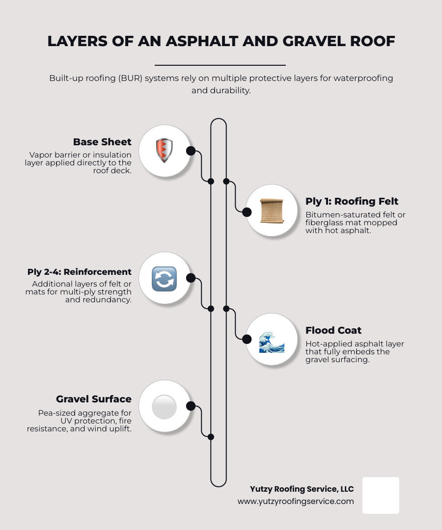 Layers of a tar and gravel built-up roofing system with labels for each ply - asphalt and gravel roof infographic Layers of a tar and gravel built-up roofing system with labels for each ply - asphalt and gravel roof infographic