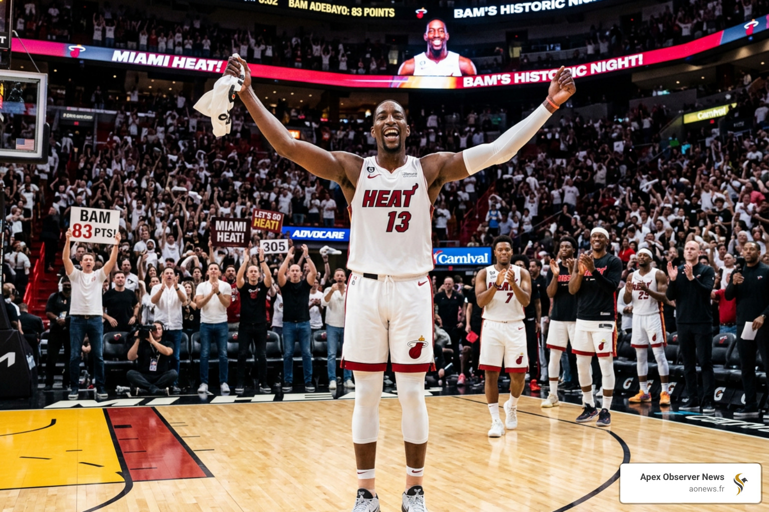 Bam Adebayo celebrating his historic 83-point game - top nba news today
