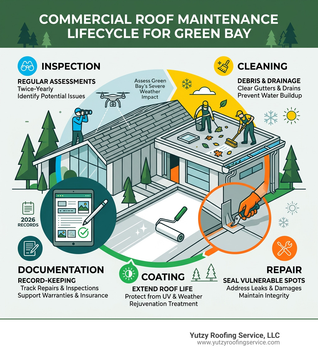 Commercial roof maintenance lifecycle infographic showing inspection, cleaning, repair, coating, and documentation stages Commercial roof maintenance lifecycle infographic showing inspection, cleaning, repair, coating, and documentation stages