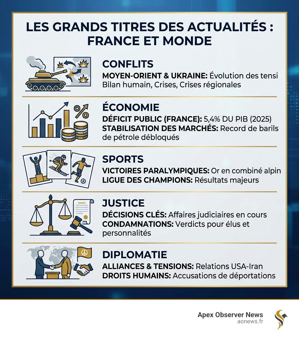 Infographic showing key global and French news categories: conflict, economy, sports, justice, diplomacy - today's news