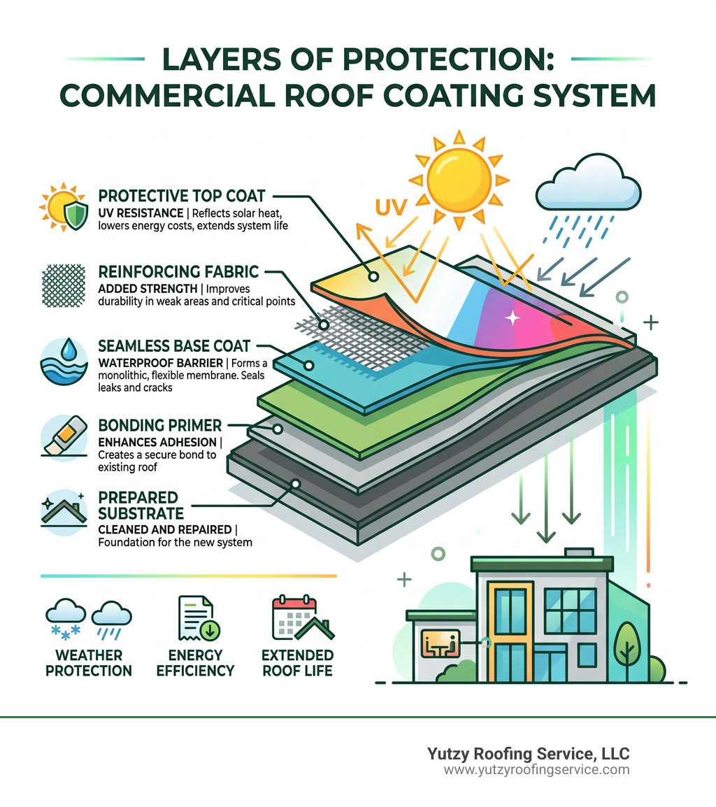 Infographic showing the layers of a commercial roof coating system and how each layer protects the building below Infographic showing the layers of a commercial roof coating system and how each layer protects the building below