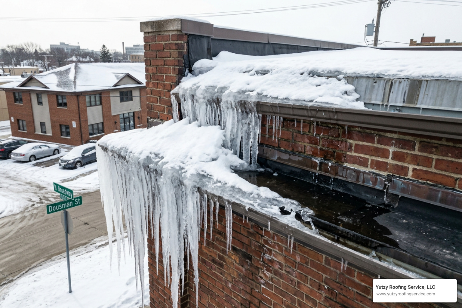 Ice damming on a flat commercial roof edge causing water backup - roof maintenance green bay Ice damming on a flat commercial roof edge causing water backup - roof maintenance green bay