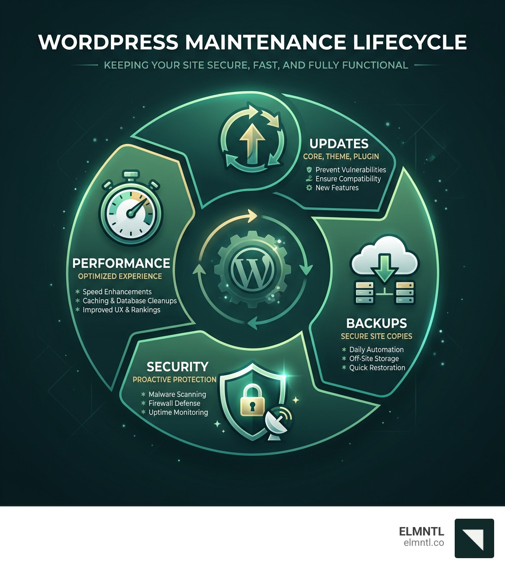 WordPress maintenance lifecycle infographic showing updates, backups, security, and performance cycle - wordpress