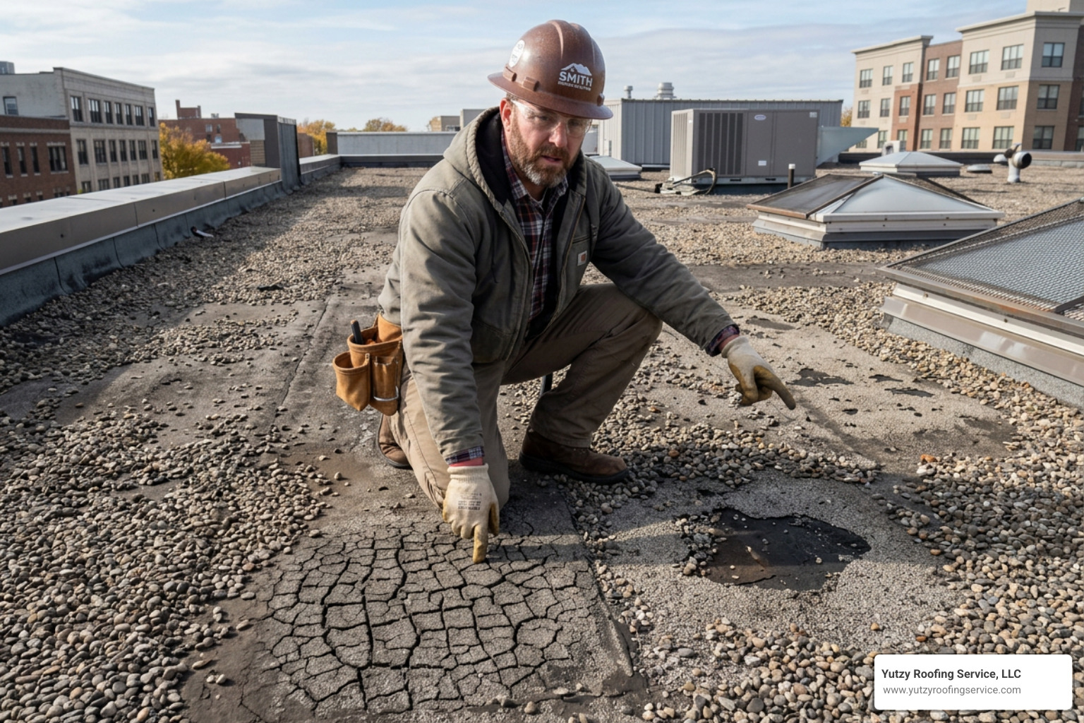Contractor inspecting an asphalt and gravel roof for alligatoring and bald spots - asphalt and gravel roof Contractor inspecting an asphalt and gravel roof for alligatoring and bald spots - asphalt and gravel roof