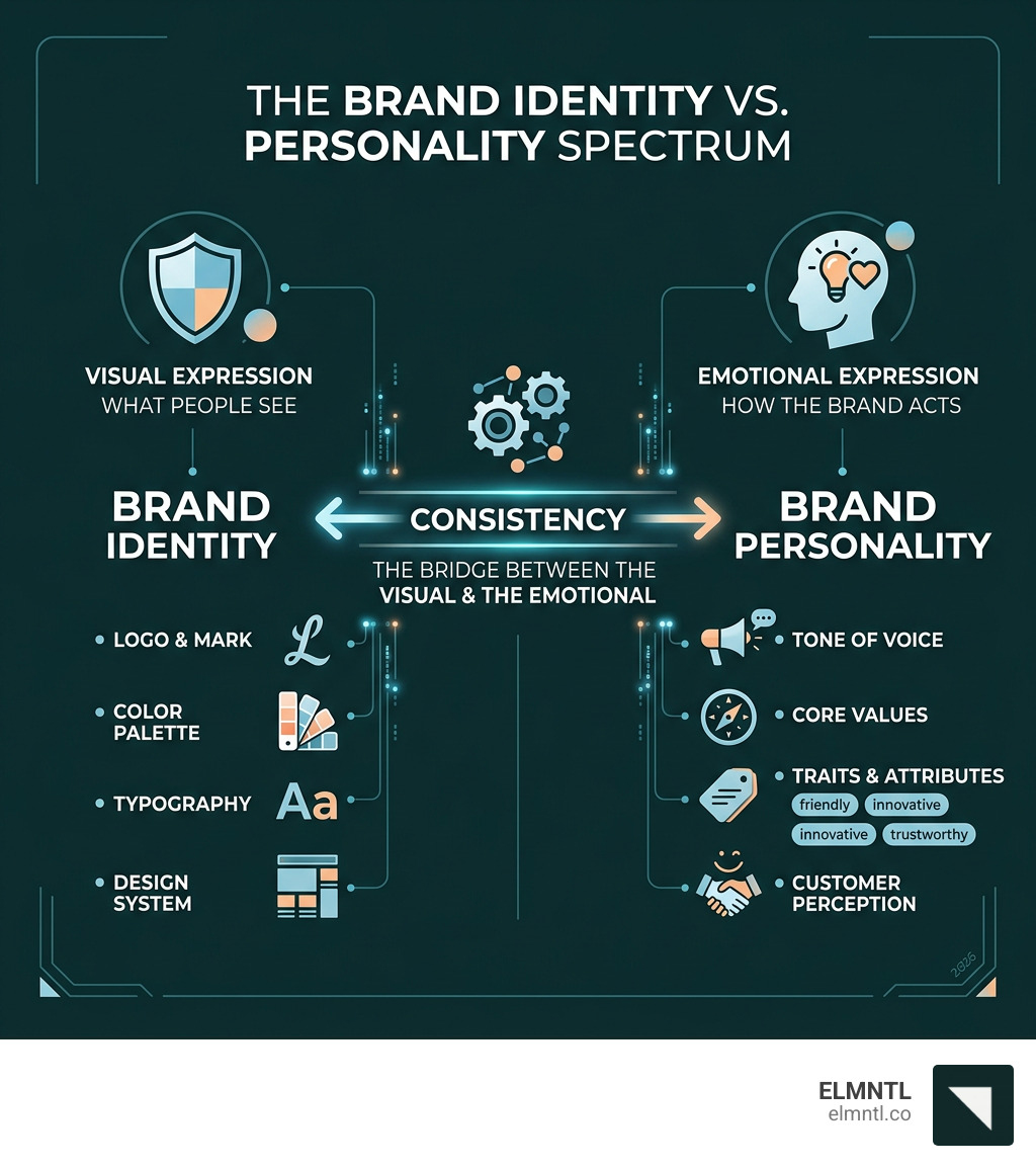 Brand identity vs. personality spectrum: visual identity on one end, emotional traits on the other, with consistency linking Brand identity vs. personality spectrum: visual identity on one end, emotional traits on the other, with consistency linking