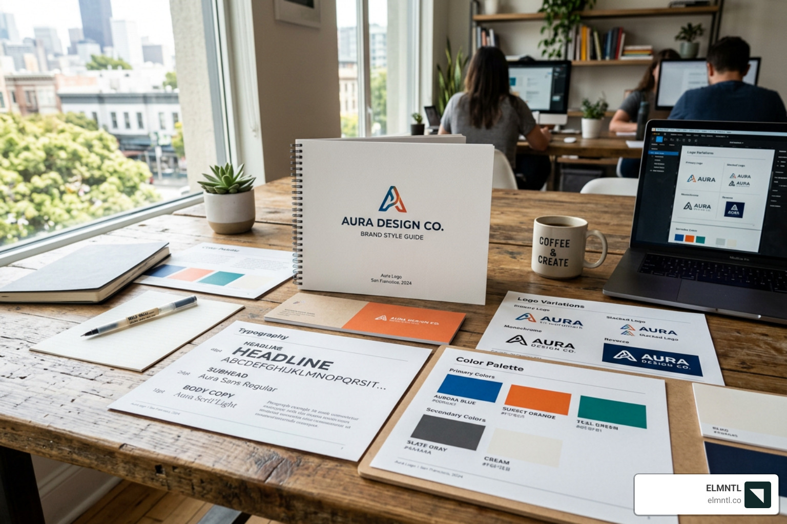 A cohesive brand style guide showing typography, color swatches, and logo variations - developing brand identity and A cohesive brand style guide showing typography, color swatches, and logo variations - developing brand identity and