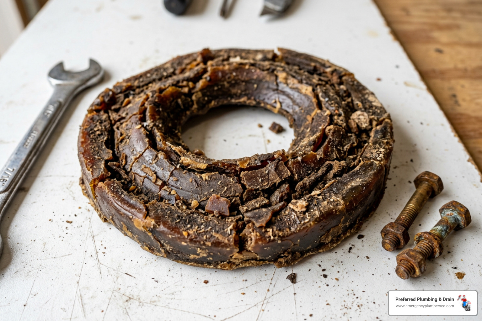 a degraded and flattened wax ring removed from a toilet base - reasons toilet leaks at base a degraded and flattened wax ring removed from a toilet base - reasons toilet leaks at base