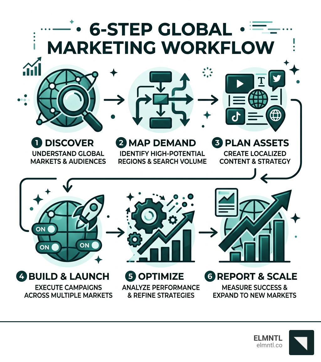 6-step global marketing workflow: Discover, Map Demand, Plan Assets, Build and Launch, Optimize, Report and Scale - global