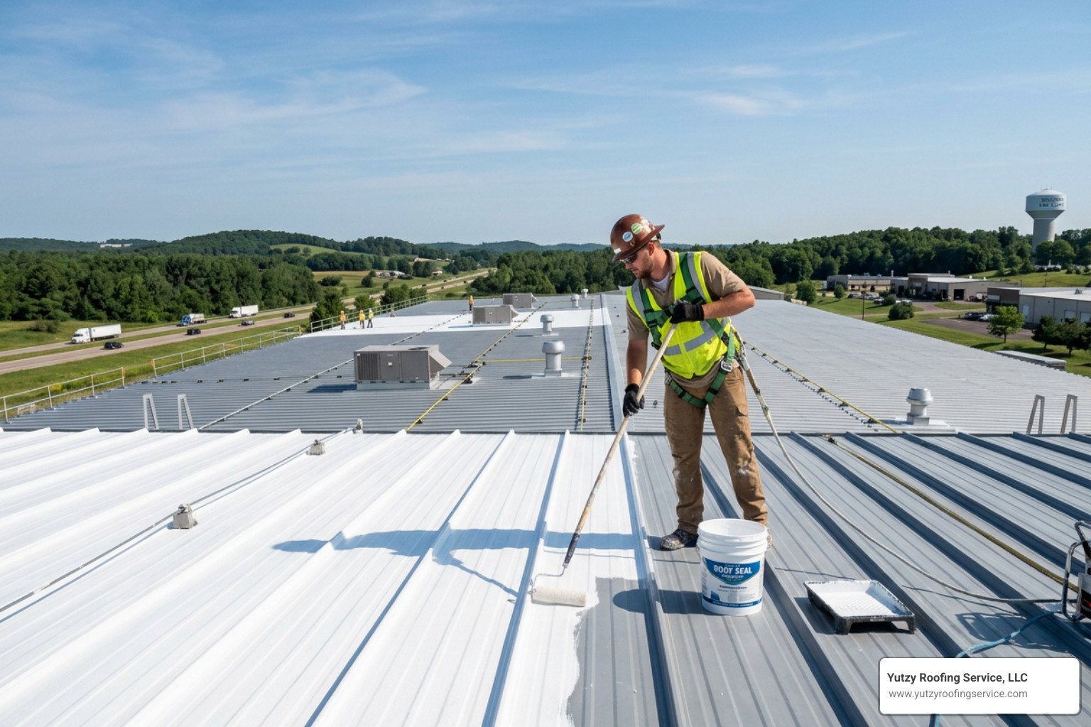 A technician applying fluid-applied coating to a commercial metal roof - metal roof coating cost A technician applying fluid-applied coating to a commercial metal roof - metal roof coating cost