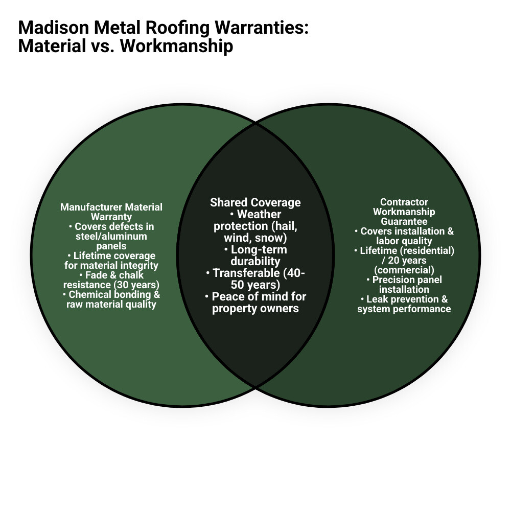 Infographic comparing manufacturer material warranty vs contractor workmanship warranty for metal roofs in Madison WI Infographic comparing manufacturer material warranty vs contractor workmanship warranty for metal roofs in Madison WI
