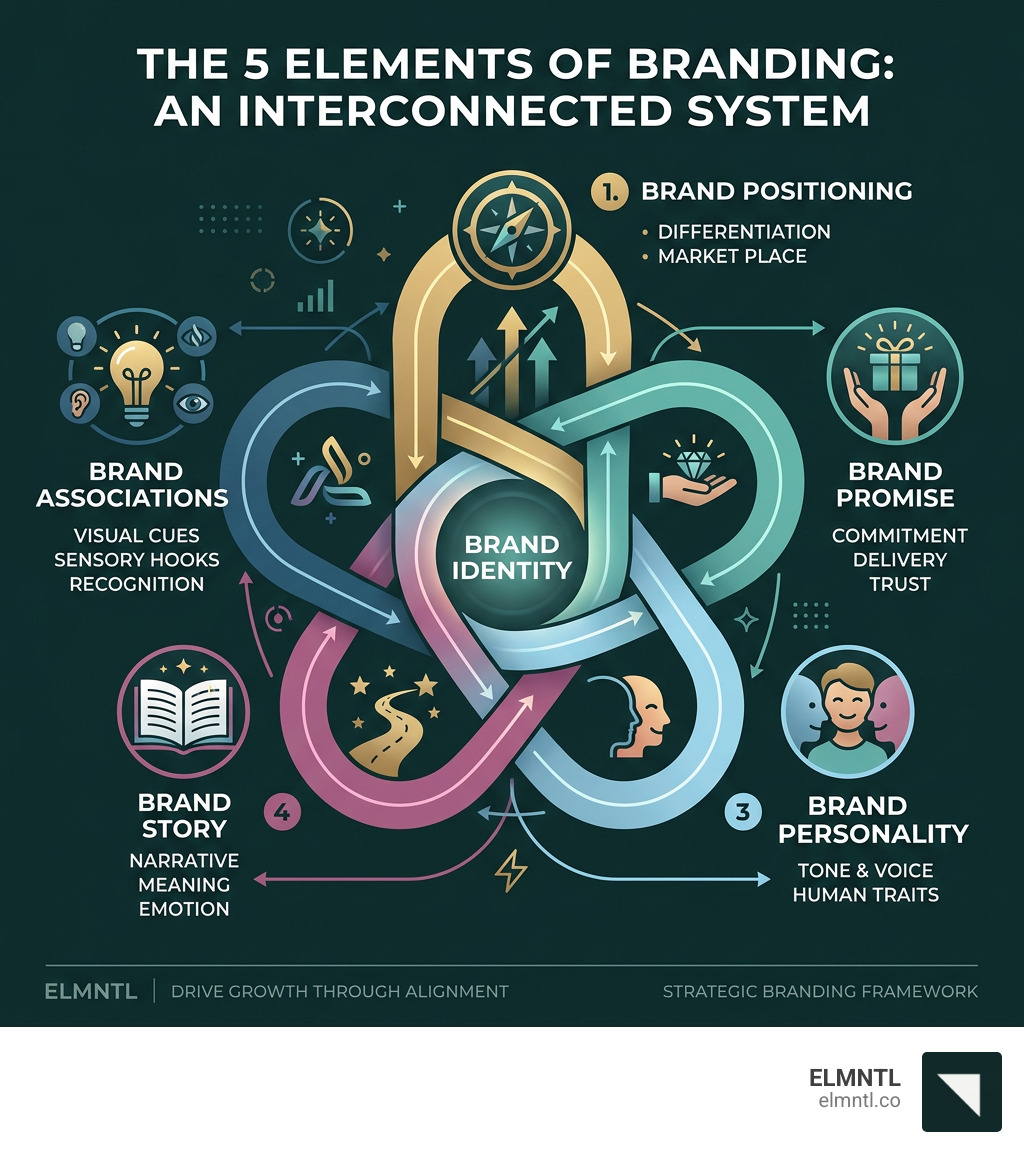 Infographic showing the 5 elements of branding as an interconnected system with positioning, promise, personality, story Infographic showing the 5 elements of branding as an interconnected system with positioning, promise, personality, story