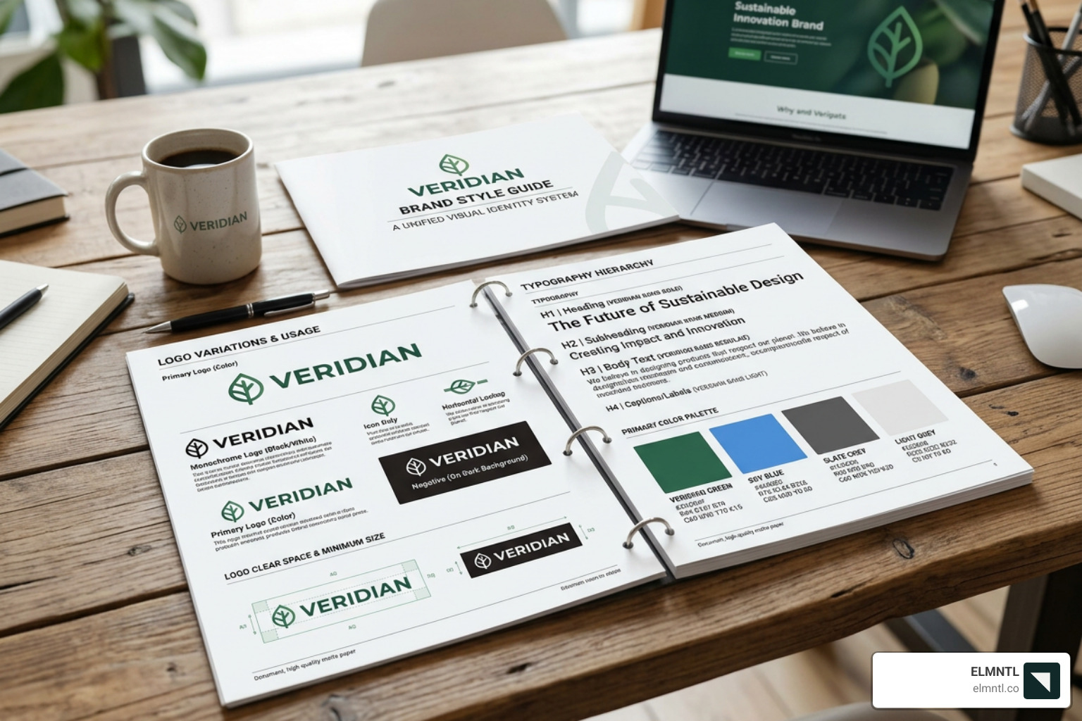 A comprehensive brand style guide showing logo variations, typography hierarchy, and a primary color palette - 5 elements of A comprehensive brand style guide showing logo variations, typography hierarchy, and a primary color palette - 5 elements of
