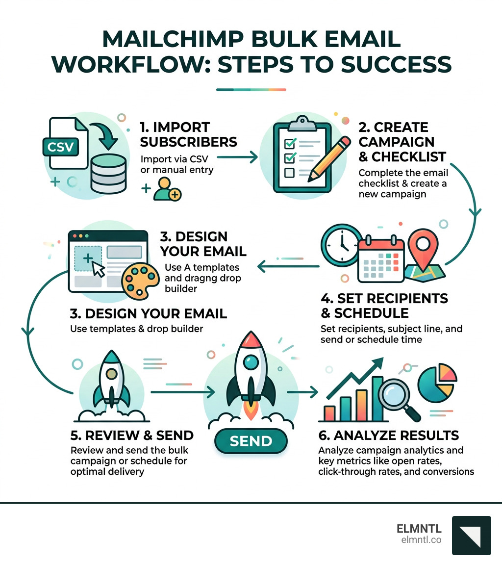 Bulk email Mailchimp workflow infographic showing steps from list import to campaign analytics - bulk email mailchimp Bulk email Mailchimp workflow infographic showing steps from list import to campaign analytics - bulk email mailchimp