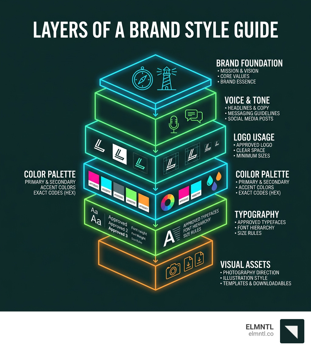 Infographic showing layers of a brand style guide from mission statement to visual assets - brand identity guidelines