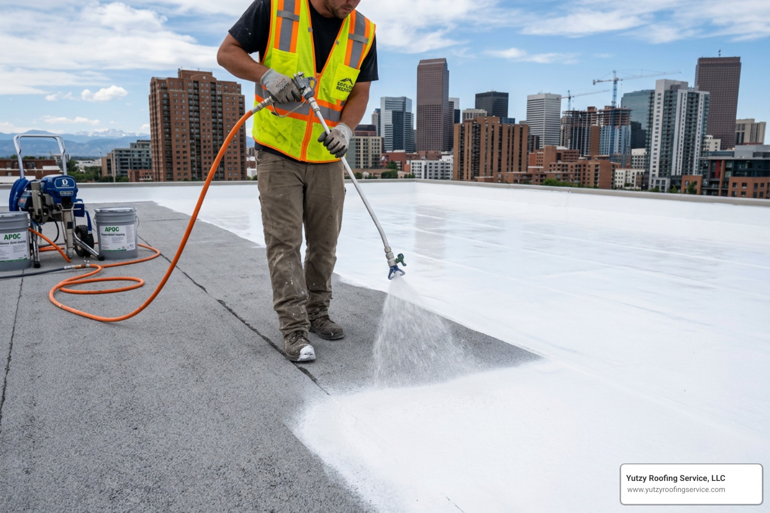 A close-up of a seamless silicone roof coating being applied to a flat surface - flat roof coating contractors A close-up of a seamless silicone roof coating being applied to a flat surface - flat roof coating contractors