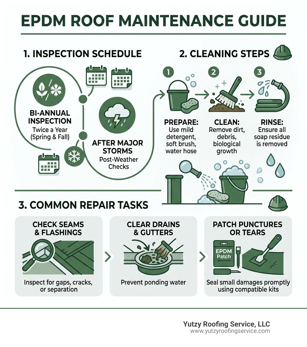 EPDM roof maintenance infographic showing inspection schedule, cleaning steps, and common repair tasks - epdm roof EPDM roof maintenance infographic showing inspection schedule, cleaning steps, and common repair tasks - epdm roof