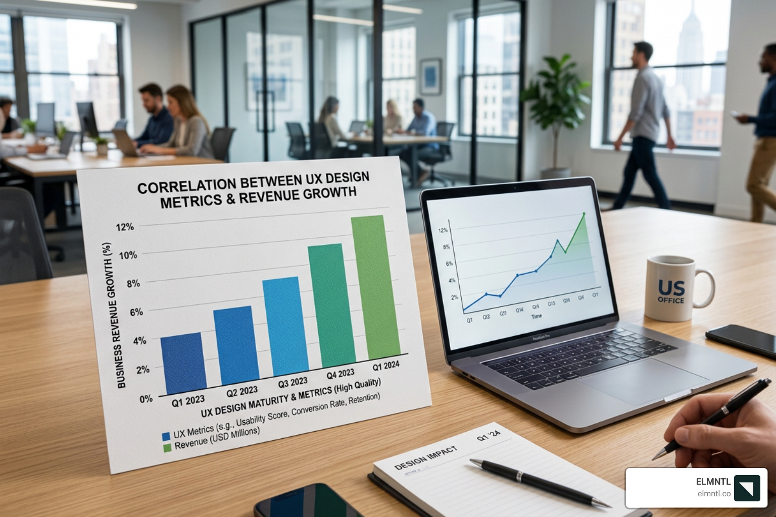 Graphic showing the direct correlation between high-quality UX design and increased business revenue - how to improve