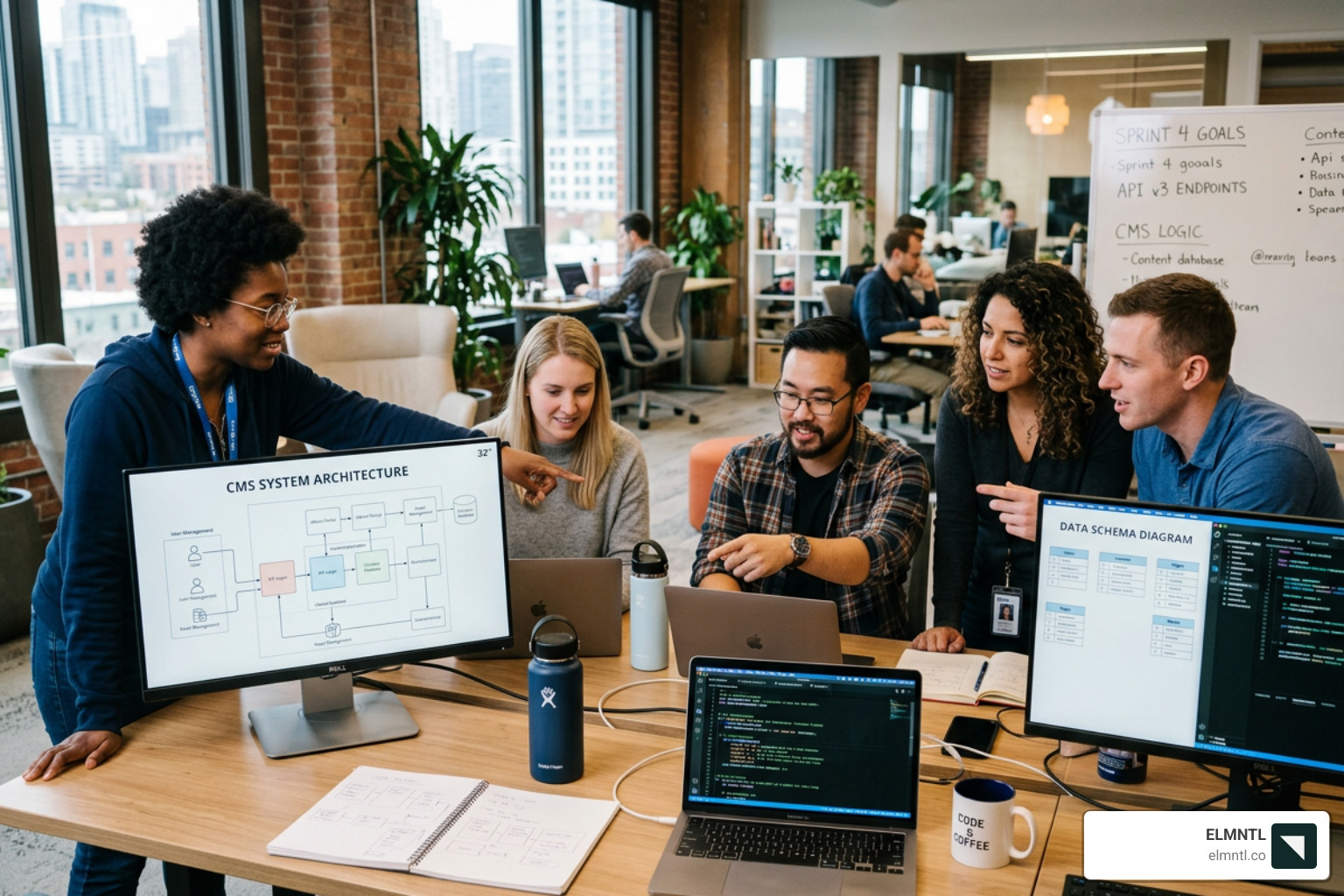 Developer team collaborating on custom CMS architecture - custom cms development agency Developer team collaborating on custom CMS architecture - custom cms development agency