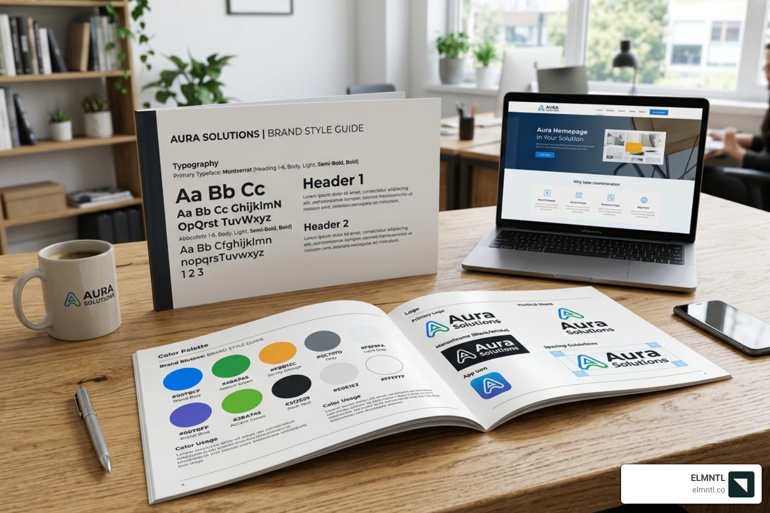 A comprehensive brand style guide showing typography, color palettes, and logo variations on a clean desk - brand identity