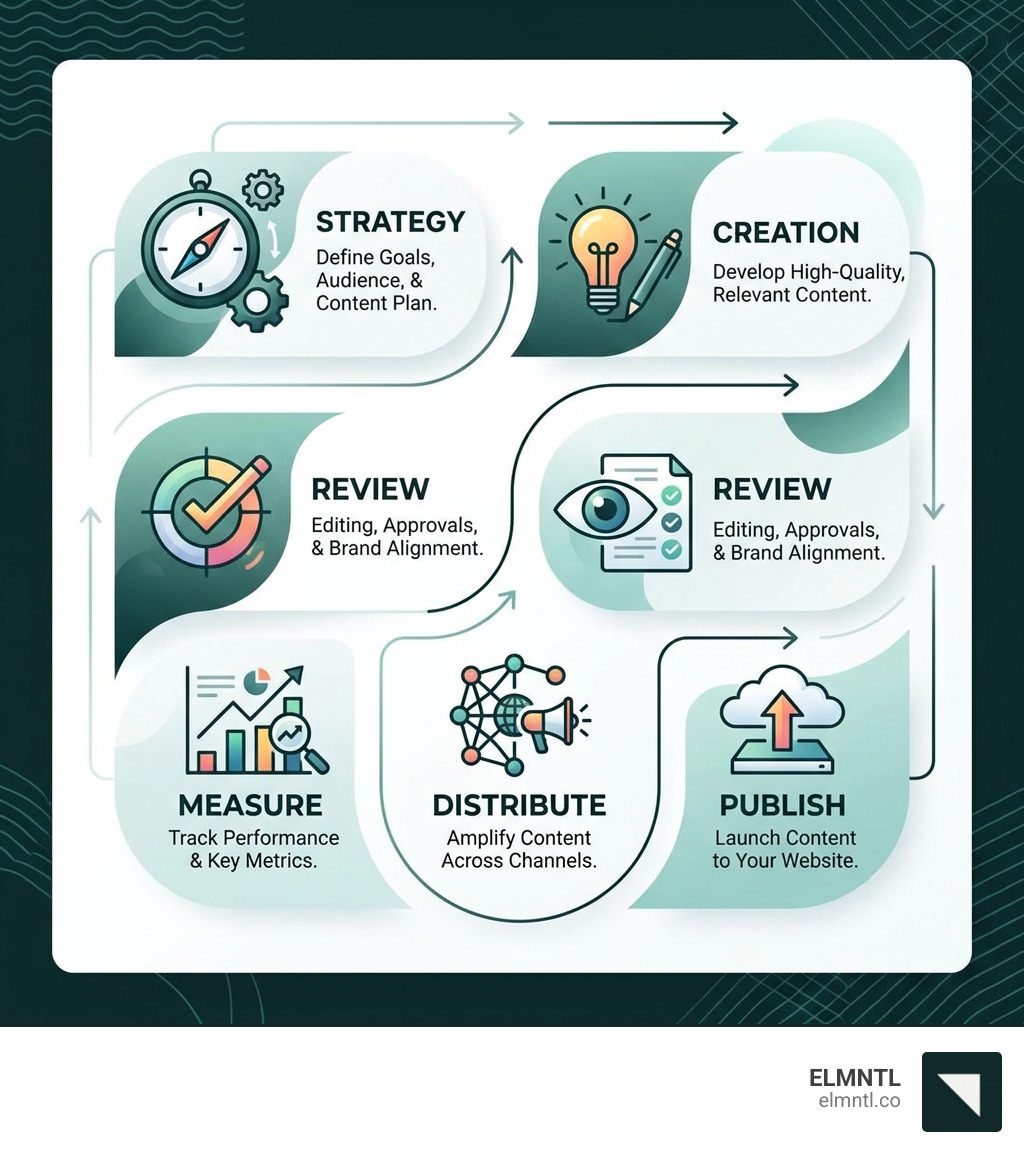 Modern content management lifecycle infographic showing steps: Strategy, Creation, Review, Publish, Distribute, Measure