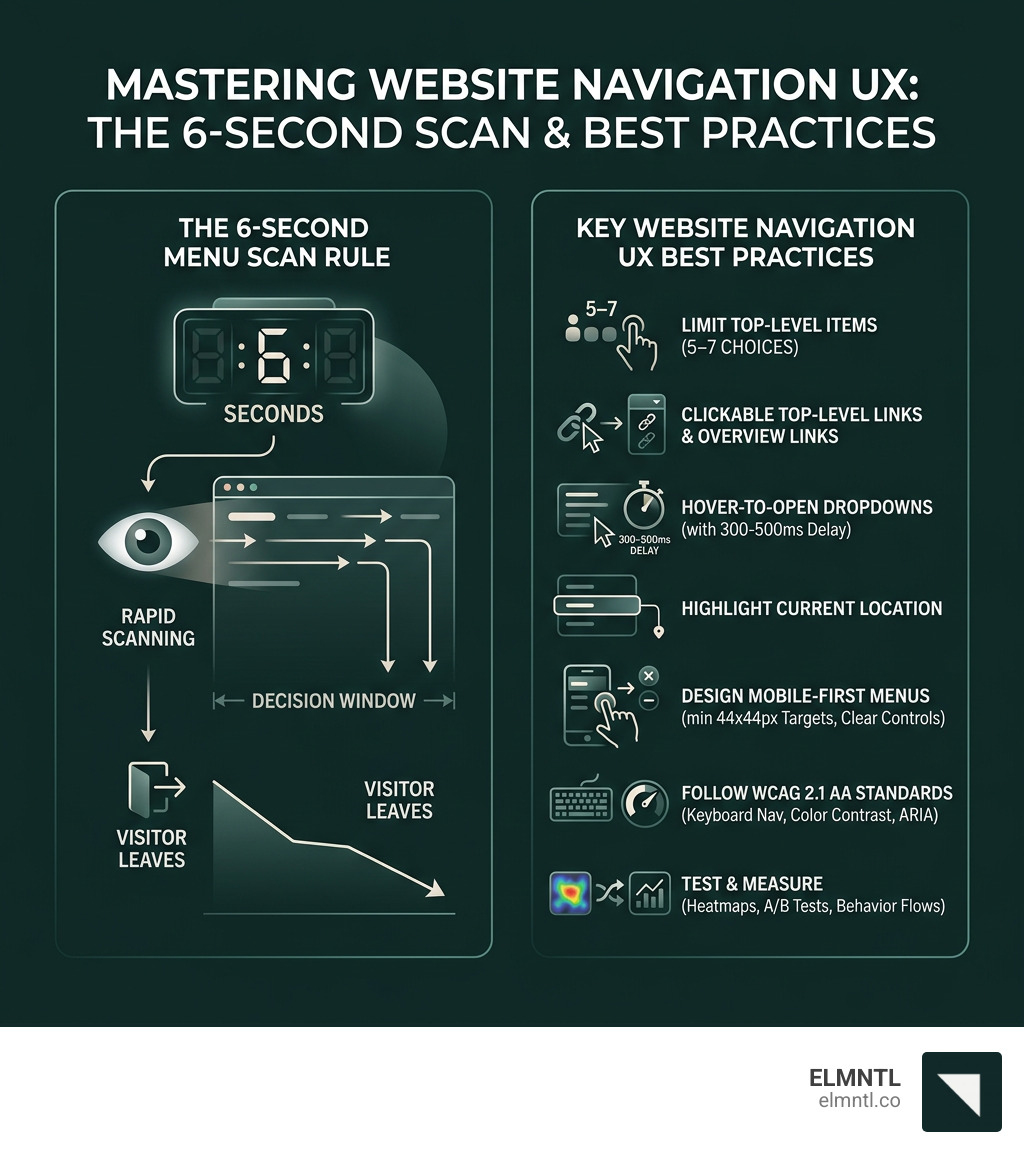 Infographic showing the 6-second menu scan rule and key website navigation UX best practices - website navigation ux