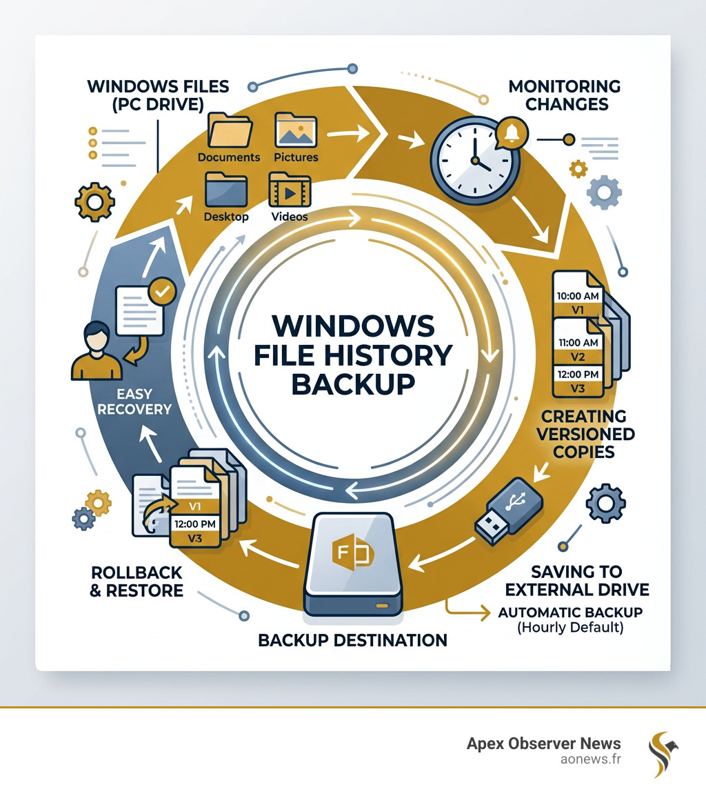 File History backup cycle showing how Windows saves versioned copies of files to an external drive - enable windows file File History backup cycle showing how Windows saves versioned copies of files to an external drive - enable windows file