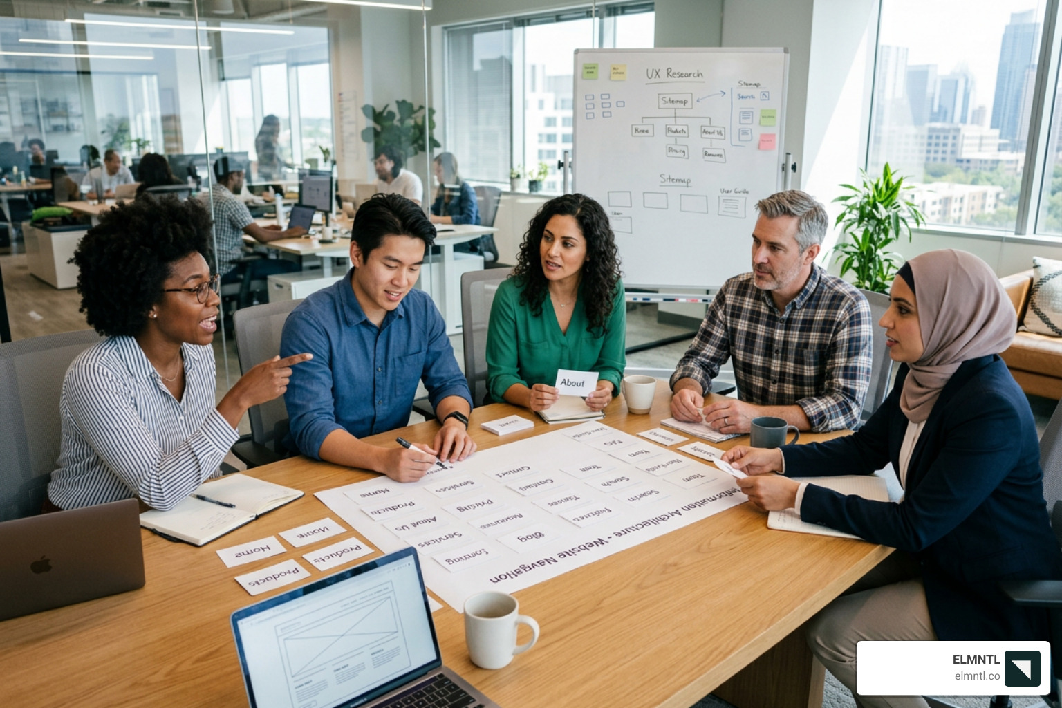 A team conducting a card sorting session to organize website navigation ux - website navigation ux