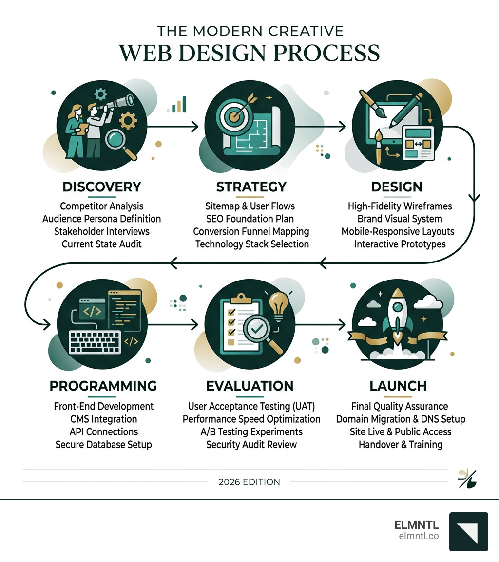 6-phase web design process: Discovery, Strategy, Design, Programming, Evaluation, Launch with key outputs at each stage