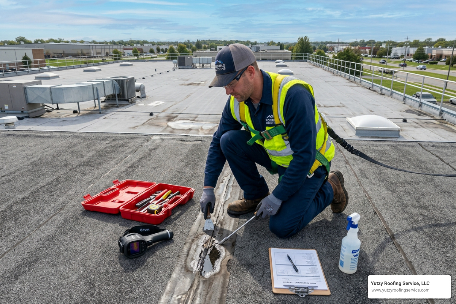 Technician inspecting a flat roof for restoration potential - commercial roofing and coating systems Technician inspecting a flat roof for restoration potential - commercial roofing and coating systems