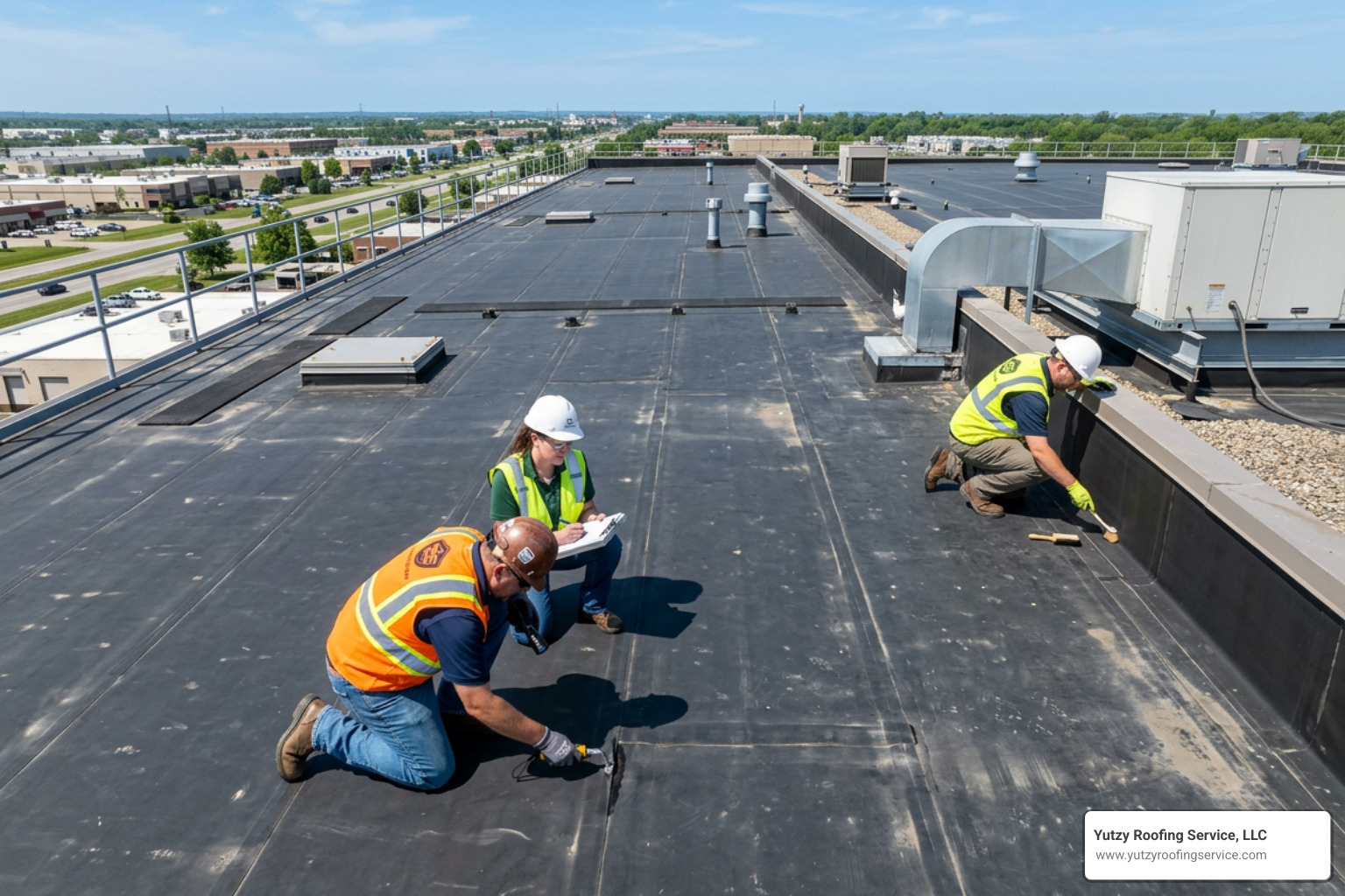 Professional roof inspection of a large commercial EPDM membrane - epdm roof maintenance Professional roof inspection of a large commercial EPDM membrane - epdm roof maintenance