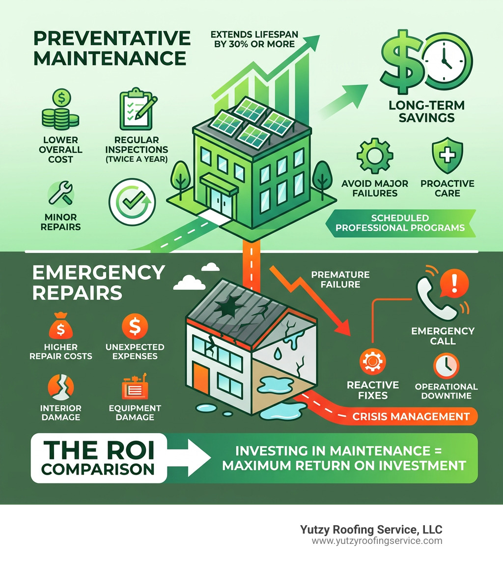 Infographic showing ROI of preventative commercial roof maintenance vs. emergency repairs - commercial roof maintenance Infographic showing ROI of preventative commercial roof maintenance vs. emergency repairs - commercial roof maintenance