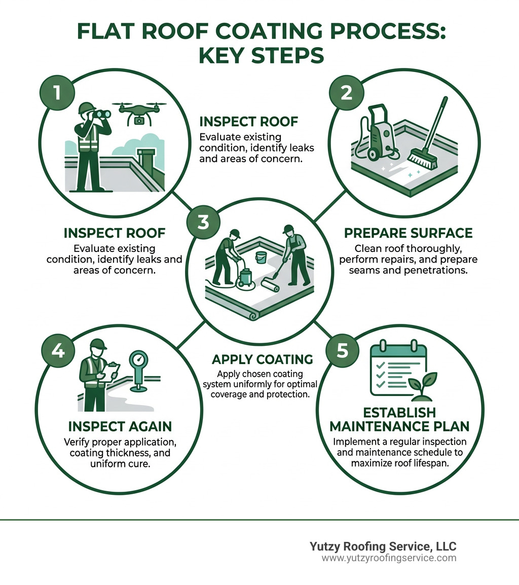 Infographic showing flat roof coating process steps: inspect, prepare surface, apply coating, inspect again, maintenance Infographic showing flat roof coating process steps: inspect, prepare surface, apply coating, inspect again, maintenance