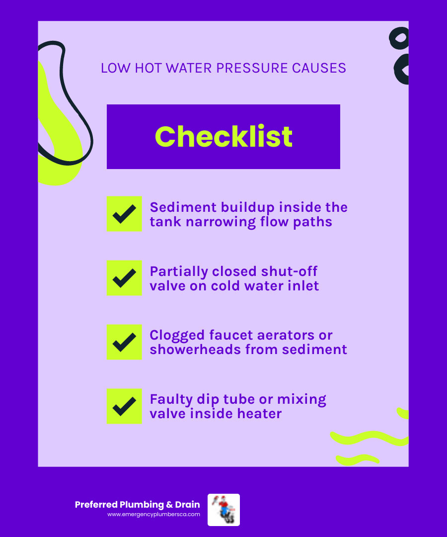 Infographic showing 6 common causes of low hot water pressure with quick diagnosis tips - low water pressure from water Infographic showing 6 common causes of low hot water pressure with quick diagnosis tips - low water pressure from water