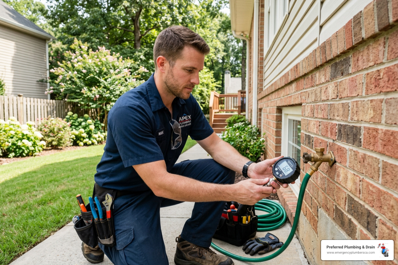 Plumber using a pressure gauge on an outdoor hose bib to check home PSI - low water pressure from water heater Plumber using a pressure gauge on an outdoor hose bib to check home PSI - low water pressure from water heater