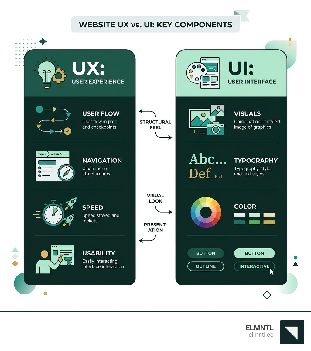 Infographic showing key components of website UX vs UI: UX covers user flow, navigation, speed, and usability; UI covers