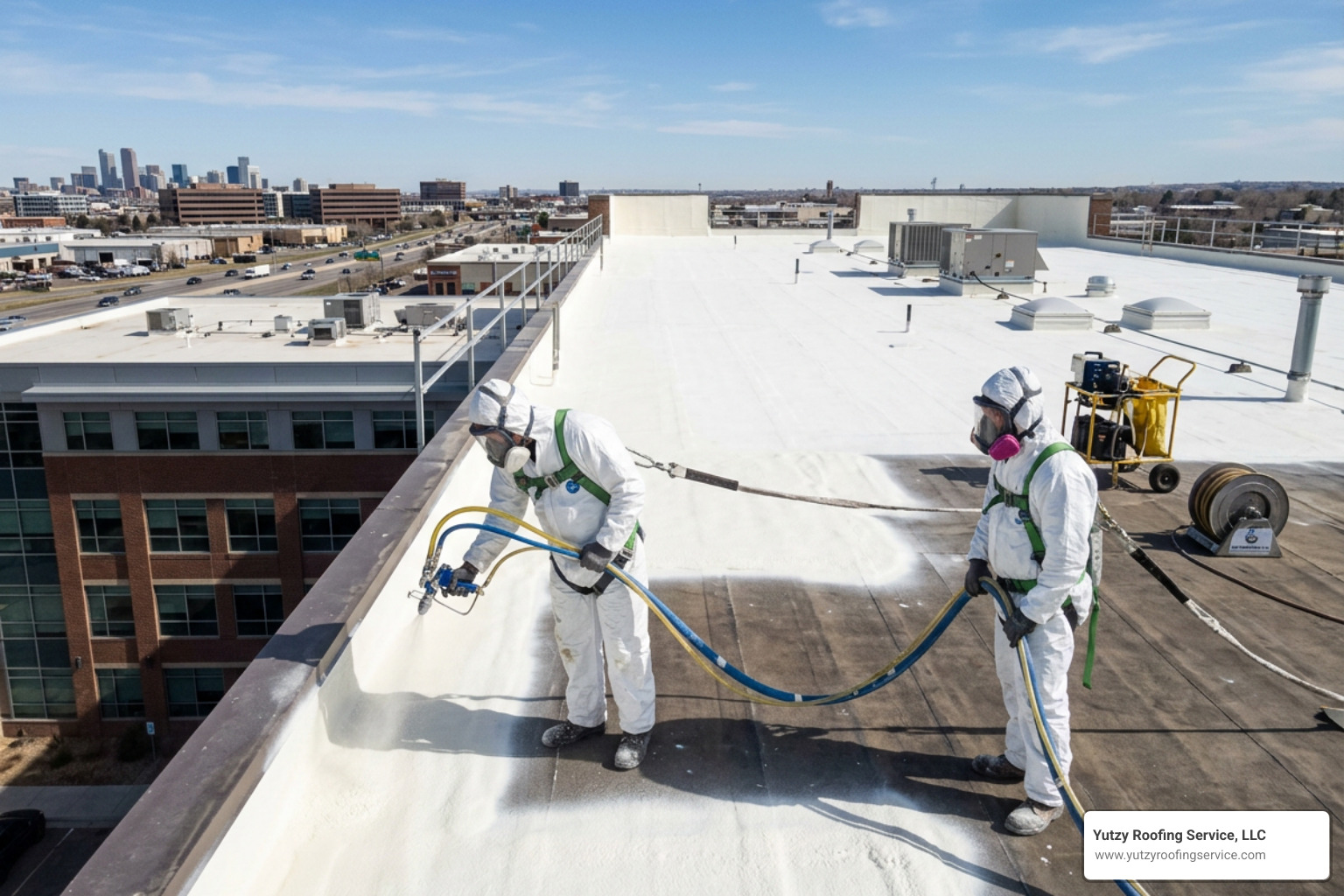 professional installation of a white spray foam roofing system on a commercial building - conklin commercial roofing professional installation of a white spray foam roofing system on a commercial building - conklin commercial roofing