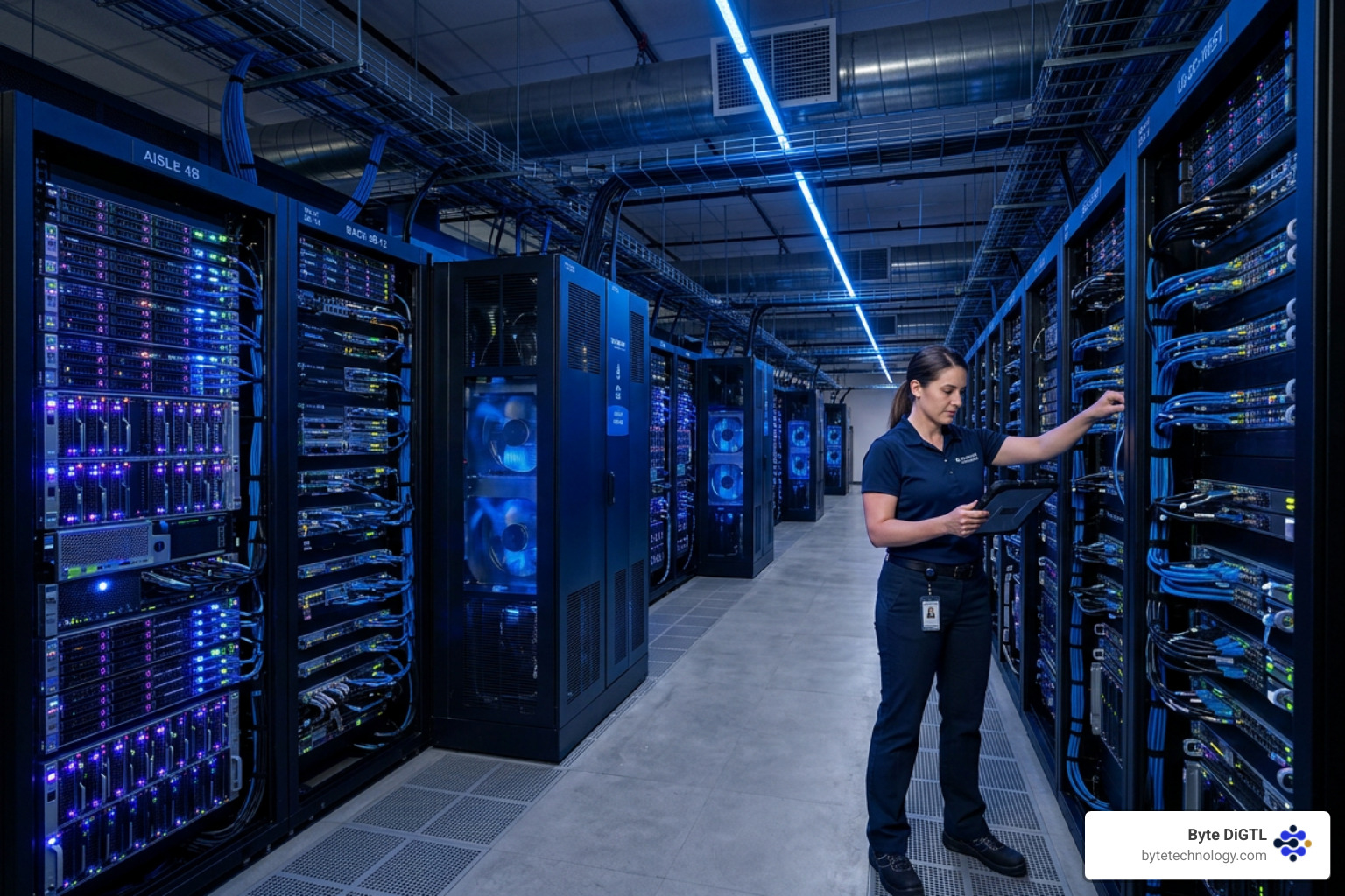 High-tech server room with glowing blue lights and cooling systems - denver website hosting High-tech server room with glowing blue lights and cooling systems - denver website hosting